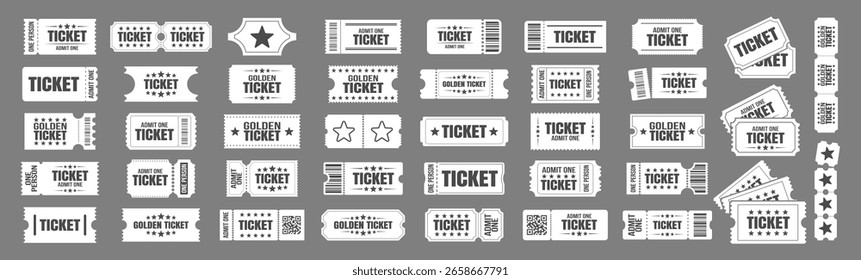 Ticketsymbolsammlung. Geben Sie ein Coupon-Set für Kino, Konzert, Theater, Veranstaltung oder Party. Vintage und moderne Ticketdesigns mit Sternen und Labels