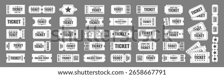 Ticket icon collection. Admit one coupon set for cinema, concert, theater, event, or party. Vintage and modern ticket designs with stars and labels