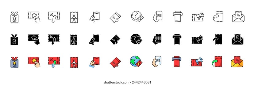 Ticket icon collection. Linear, silhouette and flat style. Vector icons