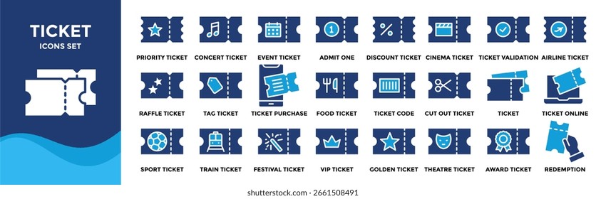 Conjunto de coleções de ícones de tíquete. Contendo Concerto de Design, Tíquete Prioritário, Tíquete de Evento, Admitir Um, Tíquete Básico