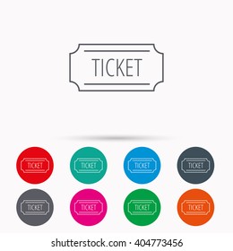 Ticket icon. Coupon sign. Linear icons in circles on white background.