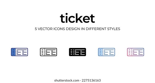 ticket Icon Design in Five style with Editable Stroke. Line, Solid, Flat Line, Duo Tone Color, and Color Gradient Line. Suitable for Web Page, Mobile App, UI, UX and GUI design.