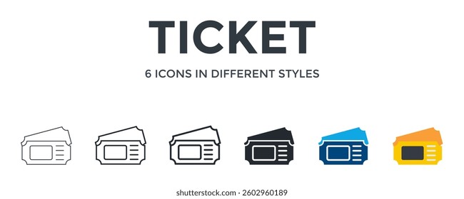 Ticket Icon In Different Style Vector Illustration. Designed In Thin Line, Regular Line, Bold Line, Glyph, Color Fill, And Flat Style Can Be Used For Web