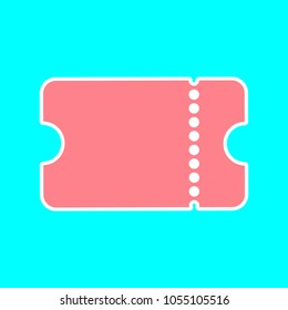 Ticket icon flat. Vector. Magenta icon with white sticker contour at sky blue background. Isolated.