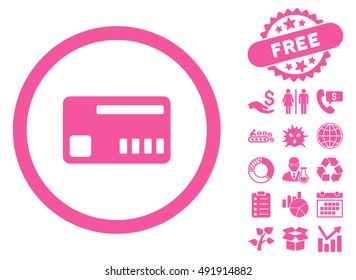 Ticket icon with free bonus icon set. Vector illustration style is flat iconic symbols, pink color, white background.