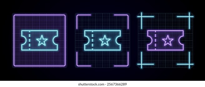 Ticket icon illustration, cyber neon visual, glowing border grid vector.