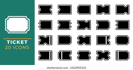 Ticket Icon Linie Set. Coupon-Icon-Sammlung enthält Etiketten-Tag, Rabatt, Film, Preis, Eintrittskarte, Sitz und Veranstaltung Vektorgrafik