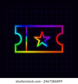 Ticket icon, neon rainbow visuals, gradient mesh graphics, glowing colorful aesthetic.