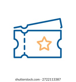 Icono de boleto en un fondo blanco que representa la admisión a eventos, entretenimiento, películas, representaciones teatrales o conciertos, mostrando una línea de perforación para una colilla