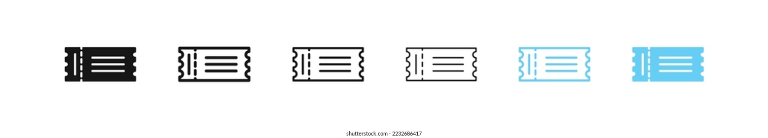 Ticket icon. Raffle sign. Coupon symbol. Cinema event icons. Black and blue color. Vector isolated sign.