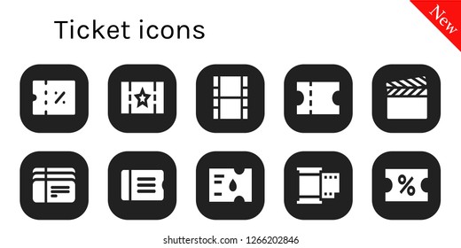  ticket icon set. 10 filled ticket icons. Simple modern icons about  - Coupon, Ticket, Movie, Film, Tickets
