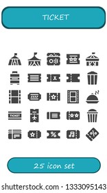 ticket icon set. 25 filled ticket icons.  Collection Of - Circus, Ticket, Baggage, Coupon, Popcorn, Movie, Film, Salver, Tickets