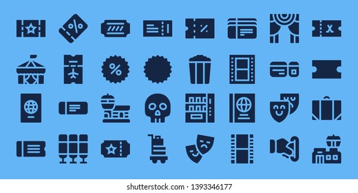 ticket icon set. 32 filled ticket icons. on blue background style Collection Of - Ticket, Circus, Passport, Coupon, Seat, Airport, Yorick, Baggage, Popcorn, Vending machine, Theater