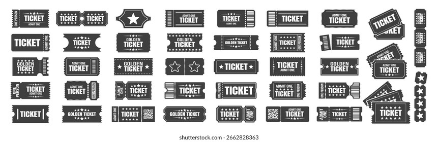 Ticket icon set. Admit one coupon collection for cinema, concert, movie, theater, event, or festival. Vintage and modern ticket vector templates on a transparent background.