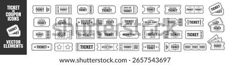 Ticket icon set. Admit one coupon collection for cinema, concert, movie, theater, event, or festival. Vintage and modern ticket vector templates on a transparent background.