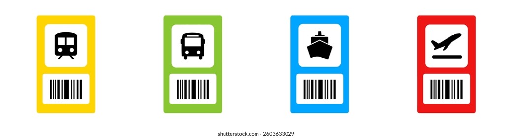 Ticket icon set. Bus, train, ship, airplane ticket icon. Travel icon. Vector Illustration. EPS 10