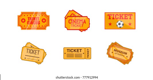 Ticket icon set. Cartoon set of ticket vector icons for web design isolated on white background