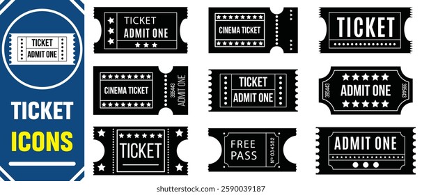 Ticket icon set. ticket cinema movie theater film vector icon.  Ticket admit icon set. Movie ticket stub sign. 