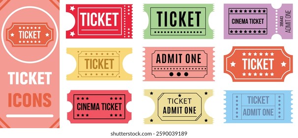 Ticket icon set. ticket cinema movie theater film vector icon.  Ticket admit icon set. Movie ticket stub sign. 