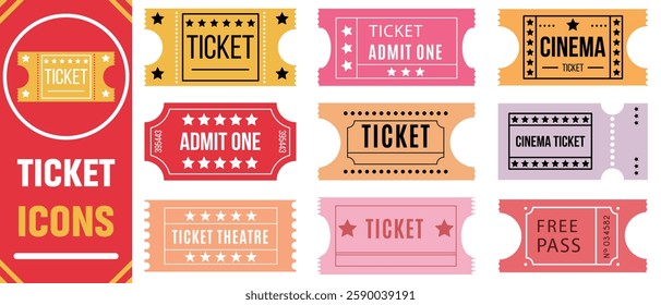 Ticket icon set. ticket cinema movie theater film vector icon.  Ticket admit icon set. Movie ticket stub sign. 