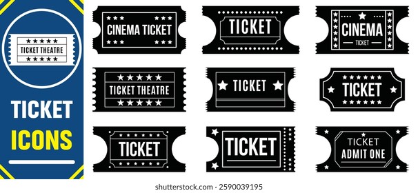 Ticket icon set. ticket cinema movie theater film vector icon.  Ticket admit icon set. Movie ticket stub sign. 