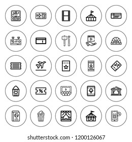 Ticket icon set. collection of 25 outline ticket icons with boarding pass, cinema, circus, coupon, flight information, film, movie, passport, popcorn icons. editable icons.