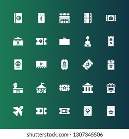 ticket icon set. Collection of 25 filled ticket icons included Ticket, Aviation, office, Theater, Circus, Airport, Vip pass, Passport, Sculpture, Coupon, Cinema
