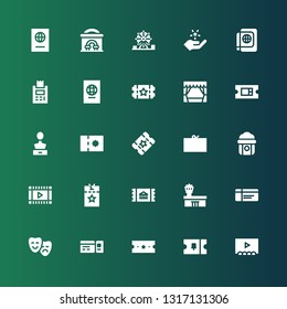 ticket icon set. Collection of 25 filled ticket icons included Theater, Ticket, Airport, Vip pass, Film, Popcorn, Coupon, Sculpture, Passport, Fame, Amusement park, Cinema