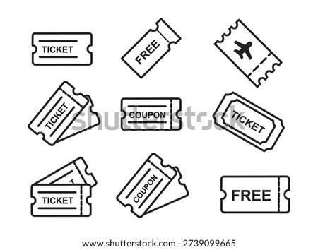 Ticket Icon Set. Event Admission, Entertainment Access, And Entry Pass Symbol Collection. Perfect For Concerts, Movies, And Shows. Isolated Illustration Pro Vector.