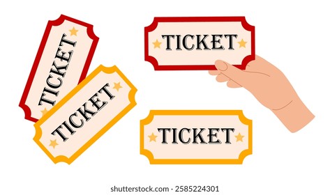 Ticket icon set. Hand of person holding tickets. Entry cards for movie premiere, film festival, theatre, show, concert, performance or other entertainments. Flat Vector illustration