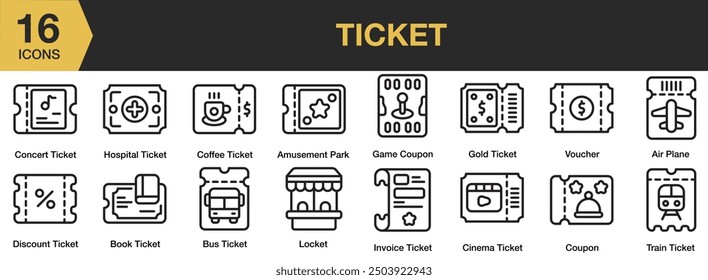 Ticket icon set. Includes locket, voucher, coupon, cinema ticket, discount ticket and More. Outline icons vector collection.