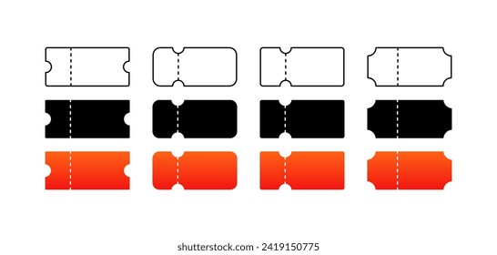 Ticket icon set. Linear, silhouette and flat style. Vector icons