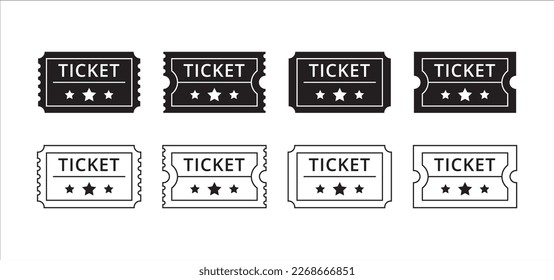 Ticket icon set. Movie theatre ticket with stub line icons. Raffle voucher coupon sign. Vector stock illustration. Flat outline design style.