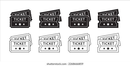 Ticket icon set. Movie theatre ticket with stub line icons. Raffle voucher coupon sign. Vector stock illustration. Flat outline design style in stack and skewed view.