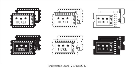 Ticket icon set. Stacked ticket icon collection. Movie theatre ticket with stub line icons. Raffle voucher coupon sign. Vector stock illustration. Flat outline design style.