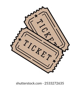 Icono de ticket. Símbolo de pago o caja registradora, partido deportivo o cine. Documento para viajar en transporte público. Atributo de un cine, teatro o concierto. Vector simple boleto.