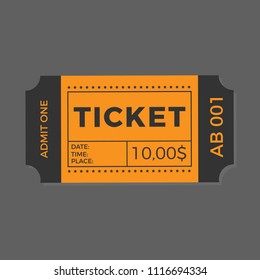 Ticket icon vector illustration in the flat style. Ticket stub isolated on a background. Retro cinema or movie tickets.