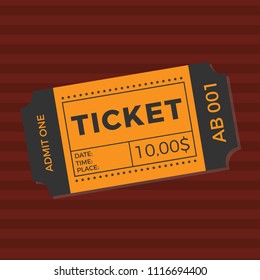 Ticket icon vector illustration in the flat style. Ticket stub isolated on a background. Retro cinema or movie tickets.