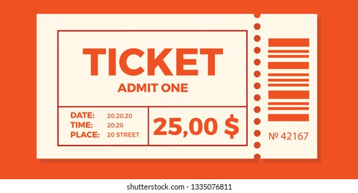 Ticket icon vector illustration in the flat style. Ticket stub isolated on a background. Retro cinema or movie tickets.