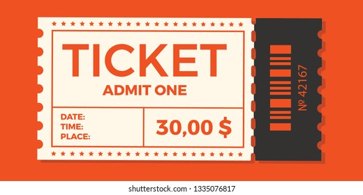Ticket icon vector illustration in the flat style. Ticket stub isolated on a background. Retro cinema or movie tickets.