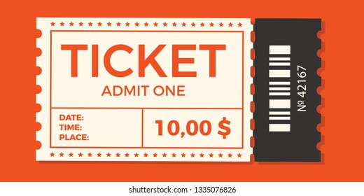 Ticket icon vector illustration in the flat style. Ticket stub isolated on a background. Retro cinema or movie tickets.