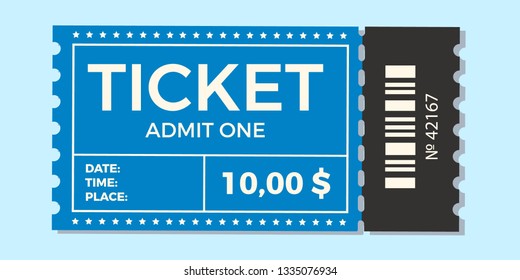 Ticket icon vector illustration in the flat style. Ticket stub isolated on a background. Retro cinema or movie tickets.