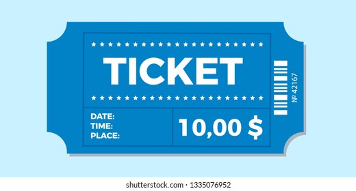 Ticket icon vector illustration in the flat style. Ticket stub isolated on a background. Retro cinema or movie tickets.