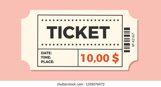 Ticket icon vector illustration in the flat style. Ticket stub isolated on a background. Retro cinema or movie tickets.