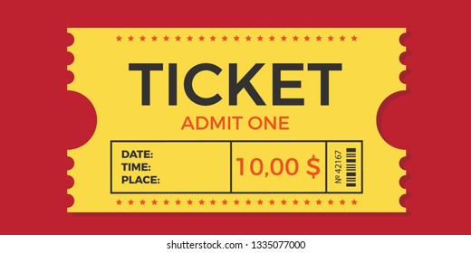 Ticket icon vector illustration in the flat style. Ticket stub isolated on a background. Retro cinema or movie tickets.