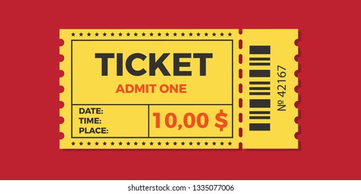 Ticket icon vector illustration in the flat style. Ticket stub isolated on a background. Retro cinema or movie tickets.