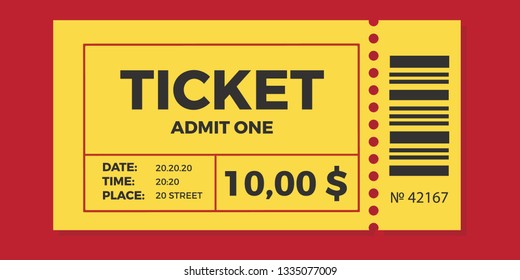 Ticket icon vector illustration in the flat style. Ticket stub isolated on a background. Retro cinema or movie tickets.