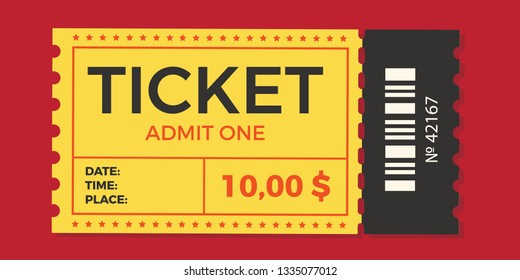 Ticket icon vector illustration in the flat style. Ticket stub isolated on a background. Retro cinema or movie tickets.
