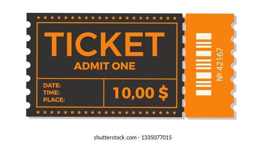 Ticket icon vector illustration in the flat style. Ticket stub isolated on a background. Retro cinema or movie tickets.