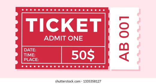 Ticket icon vector illustration in the flat style. Ticket stub isolated on a background. Retro cinema or movie tickets. Price 50$